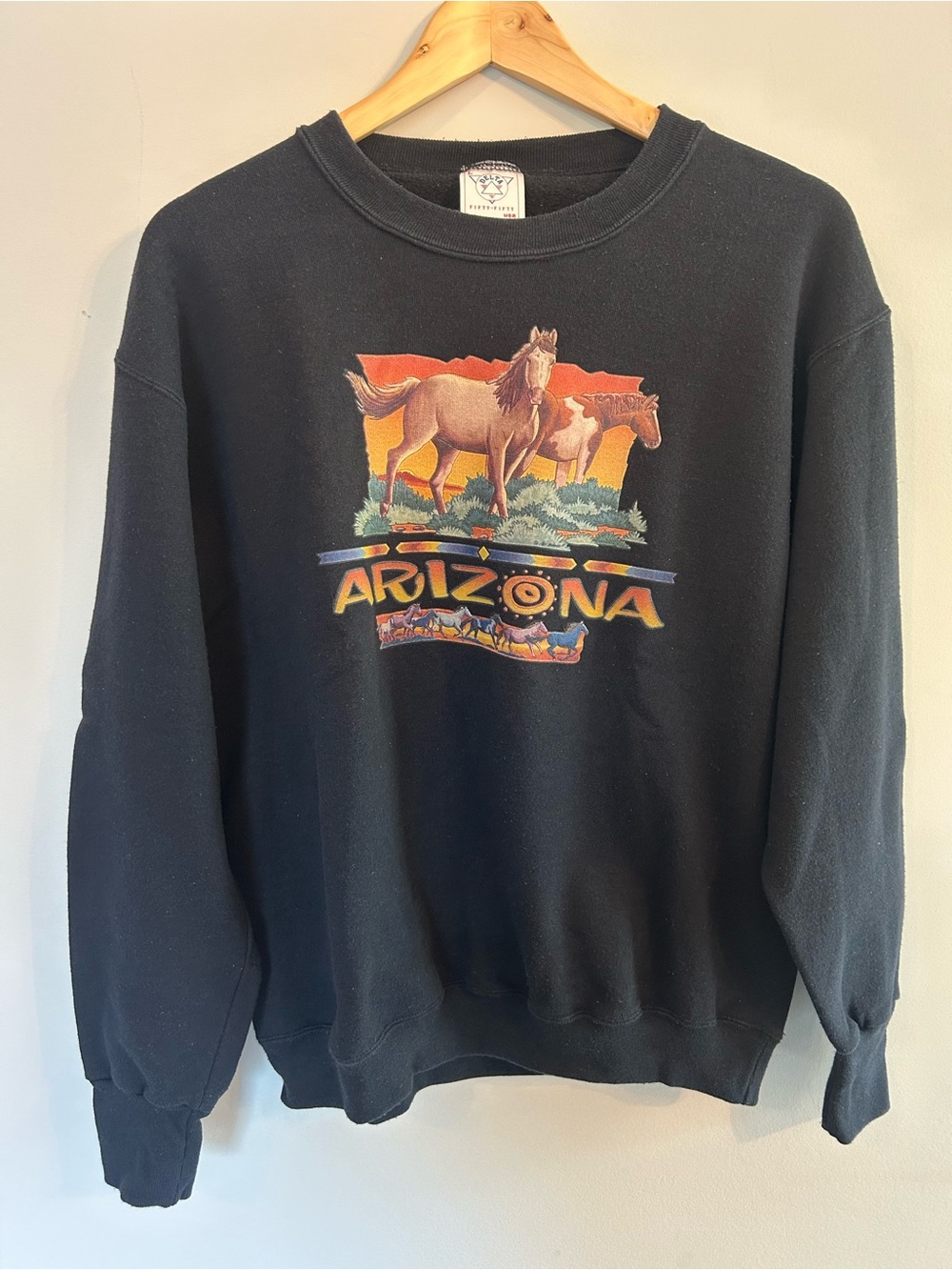 Vintage 90s Black Arizona Crewneck Sweatshirt Southwestern Horse Graphic L